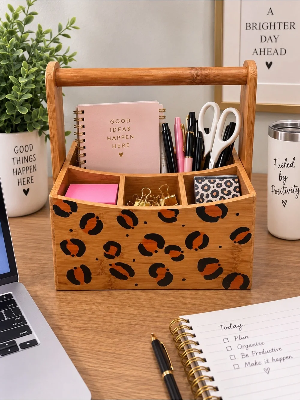 Hand-Painted Bamboo Leopard Print Organizer Caddy